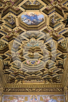 Coffered ceiling of the Basilica of Santa Maria in Trastevere. Rome, Italy