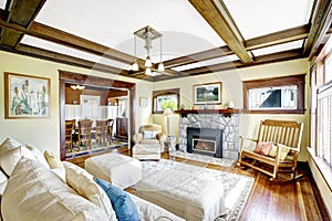 Coffered ceiling in living room.