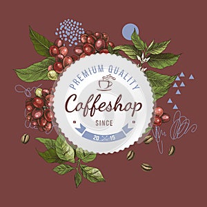 Coffeshop round paper emblem over hand sketched background with coffee plant and beans