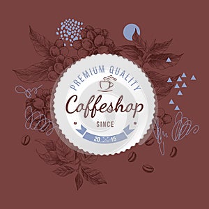 Coffeshop round paper emblem over hand sketched background with coffee plant and beans