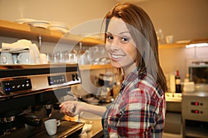 Coffeshop woman waiter preparing coffee
