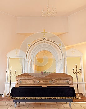 Coffin at funeral in christian orthodox church