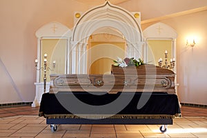 Coffin at funeral in orthodox church