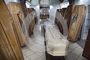 Coffin shop. Display of coffins.