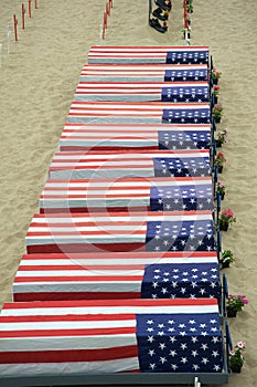 Coffins covered with American flags