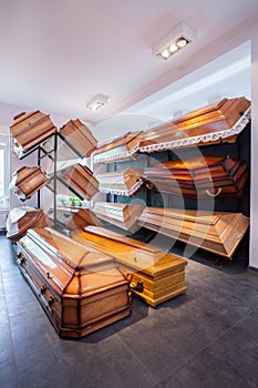 Coffins in funeral home