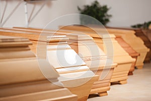 Coffins in shop of mortician