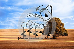 Cog flowers with can over countryside