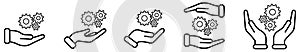 Cog or gear wheels symbol above and in hands - machinery care concept