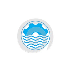 Cog machine symbol, ocean water wave design logo vector