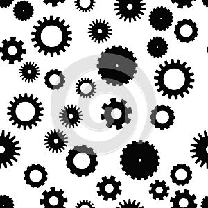 Cog wheel seamless pattern. Clockwork, technological or industrial theme. Flat vector background in black and white