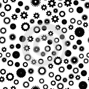 Cog wheel seamless pattern. Clockwork, technological or industrial theme. Flat vector background in black and white