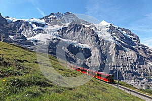A cog-wheel train travels on famous Jungfrau Railway from Kleine Scheidegg on a green grassy hillside to Jungfraujoch stati photo