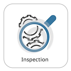 Cog Wheels Inspection Icon. Gears and Magnifier. Engineering Symbol.