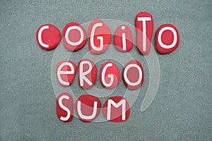 Cogito, ergo sum, latin phrase meaning I think, therefore I am, composed with red stone letters photo