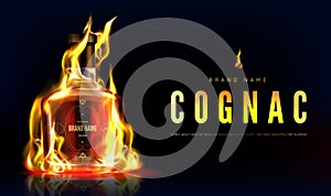 Cognac bottle in fire advertising promo banner