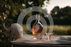 Cognac in the bottle and glass on the table outdoors on background of winery yard
