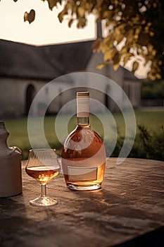 Cognac in the bottle and glass on the table outdoors on background of winery yard