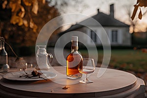 Cognac in the bottle and glass on the table outdoors on background of winery yard