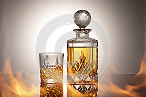 Cognac or brandy on a glossy table on an  gray background with a red flame