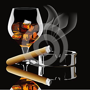 Cognac and cigar with smoke