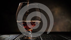 Cognac is poured into a glass. On dark background.