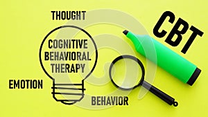 Cognitive Behavioral therapy CBT is shown using the text. Thought Behavior Emotion