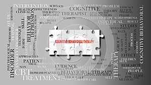 Cognitive behavioral therapy - a complex subject, related to many concepts. Pictured as a puzzle and a word cloud