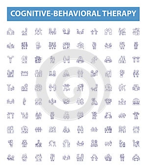 Cognitive-behavioral therapy line icons, signs set. Cognitive Behavioral, Therapy, CBT, Thinking, Thoughts, Feelings