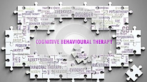 Cognitive Behavioural Therapy as a complex subject, related to various topics and ideas on a puzzle