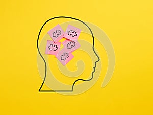 Cognitive confusion, human thinking, problem solving or mental disorder concept. Sticky note papers in a human head symbol with