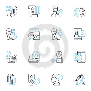 Cognitive therapy linear icons set. Thinking, Mindfulness, Cognition, Beliefs, Automatic, Distortions, Cognitive photo