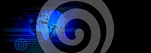 Cogs circuit global Background, flowing number one and zero text in binary code format in technology background.