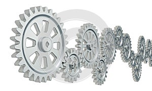 Cogs and gear wheel mechanisms. Abstract technical background, 3D rendering