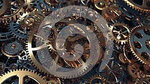 Cogs and gear wheels mechanisms background. industrial Machine technology, generative AI