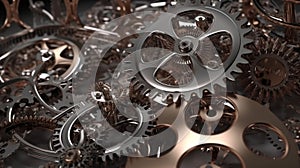 Cogs and gear wheels mechanisms background. industrial Machine technology, generative AI