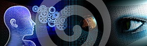 Cogs gears industrial business mind background. binary data eye vision. technology banner background. vector illustration.