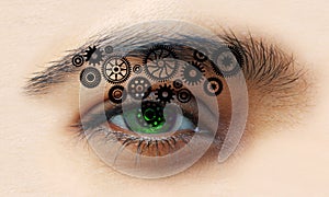 Cogs gears industrial eye vision global business background. background integration. binary technology banner background.
