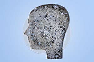 Cogs and gears inside human`s head. Intelligence and psychology concept. 3D rendered illustration.