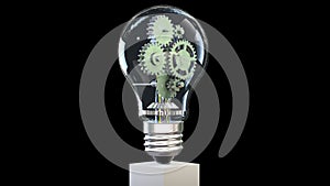 Cogs rotating inside of a lightbulb, seamless loop, against black