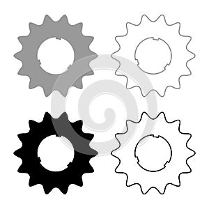 Cogset sprocket bicycle star gear service sprocket cogs wheel with teeth engages with chain set icon grey black color vector