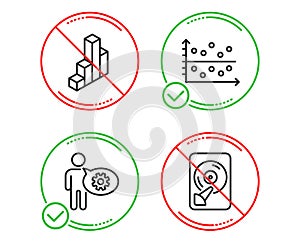 Cogwheel, 3d chart and Dot plot icons set. Hdd sign. Engineering tool, Presentation column, Presentation graph. Vector