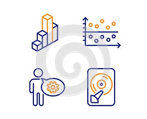 Cogwheel, 3d chart and Dot plot icons set. Hdd sign. Engineering tool, Presentation column, Presentation graph. Vector