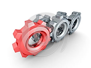 Cogwheel gears with red leader on white background
