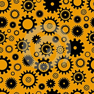 Cogwheel seamless pattern, black color elements on orange background. Flat grunge background. Abstract techno vector