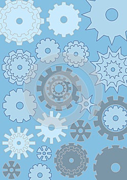 Cogwheels on blue background, techno design, gears in different size, white and grey