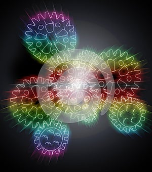 Cogwheels in colorful rainbow technology flare