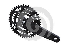 Cogwheels and cranks for bicycle pedals on isolated white background photo