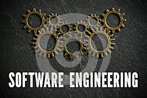 Cogwheels and the words `software engineering` symbolizing a complex system working together
