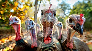 A cohesive group of turkeys standing closely together, displaying their feathers and vibrant plumage